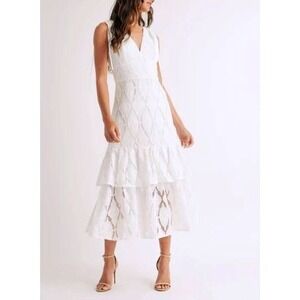 Just Me White Floral Lace Midi Dress Tiered Ruffle Tie Shoulder Size M / #26424